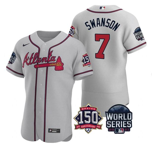 Men's Atlanta Braves #7 Dansby Swanson 2021 Gray World Series With 150th Anniversary Patch Stitched Baseball Jersey